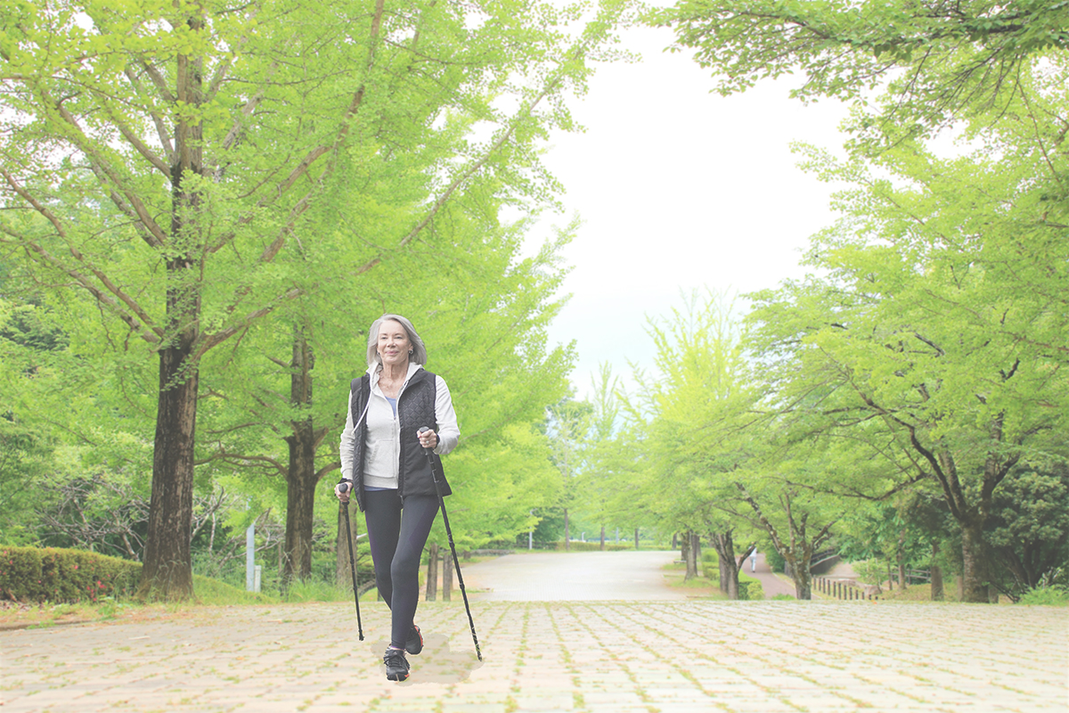 姿勢よくポールウォーキングする女性